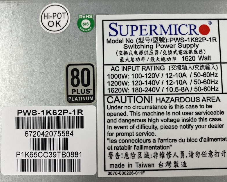 Supermicro PWS-1K62P-1R 1620 Watt Switching Power Supply 80 Plus Platnium