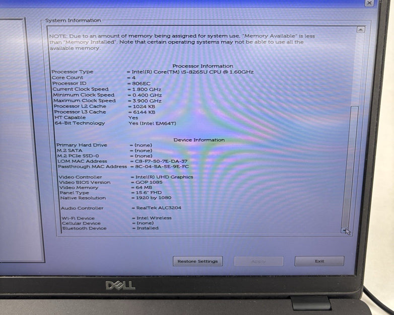 Dell Latitude 5500 15.6" Intel i5-8365U 1.6 GHz 8 GB Ram No OS No HDD No AC