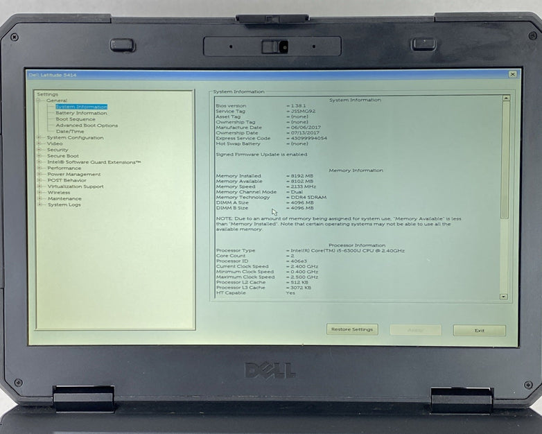 Dell Latitude 14 Rugged 5414 14" i5-6300U 2.4GHz 8GB RAM No Battery No HDD No OS