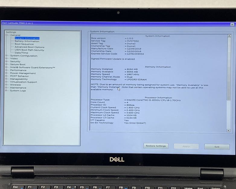Dell Latitude 7390 2 in 1 13.3" Touch i5-8250U 1.7 GHz 8 GB RAM No HDD No OS