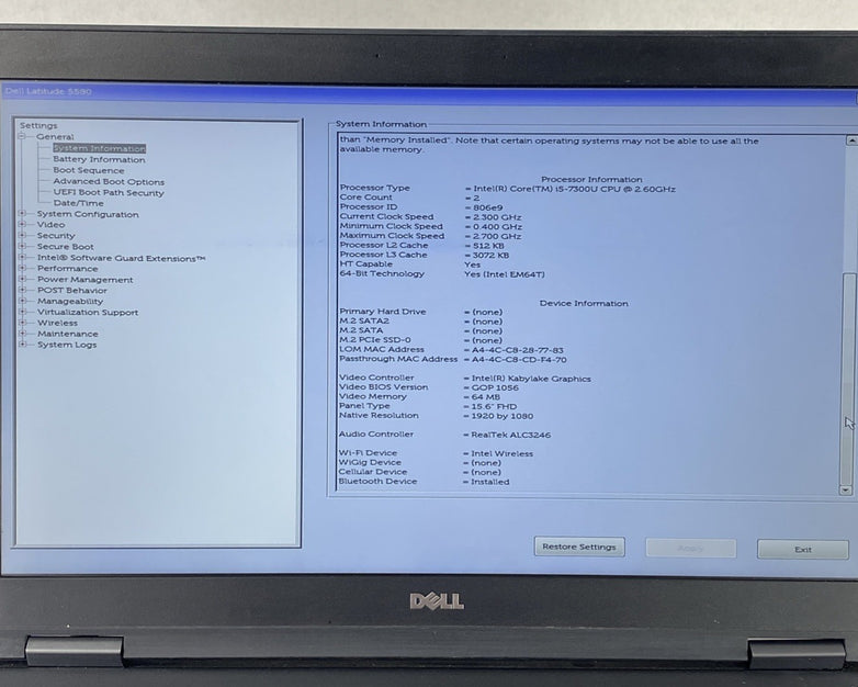 Dell Latitude 5580 Intel Core i5-7300U 2.60 GHz 8 GB RAM 15.6" No HDD No OS