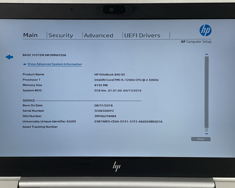 HP EliteBook 840 G5 Core i5-7200U 2.50 GHz 8GB RAM 15.6" No Battery No HDD No OS