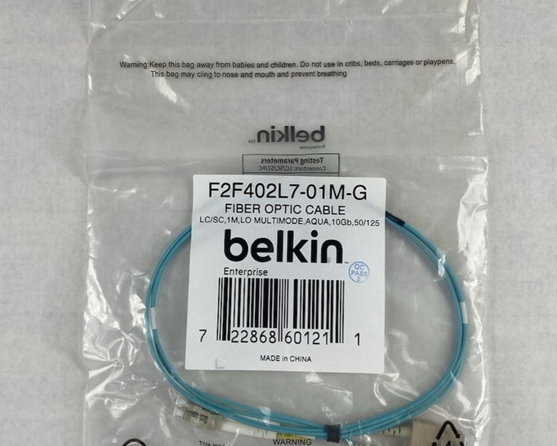 Belkin F2F402L7-01M-G LC to SC 1M LO Multimode Aqua 10Gb Fiber Optic Cable