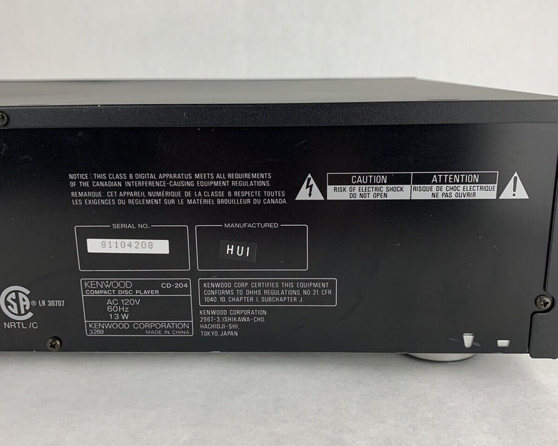 Kenwood CD-204 5-Disc CD Changer Missing Remote Broken Stop/Pause Buttons Tested