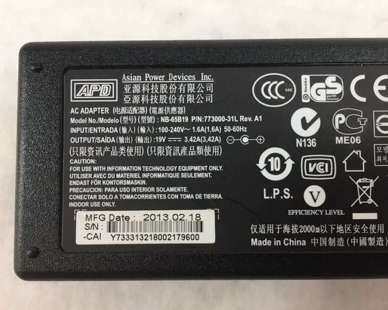 Asian Power Devices NB-65B19 AC Adapter 19V 3.42A (Lot of 2)
