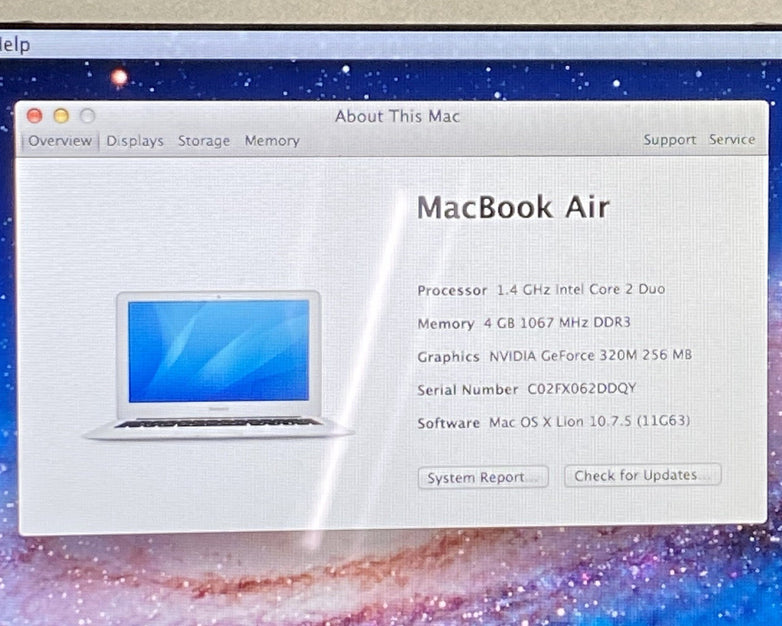 Apple MacBook Air A1370 2010 11" 1.4GHz Core 2 Duo 4GB RAM 60GB SSD os10.7.5