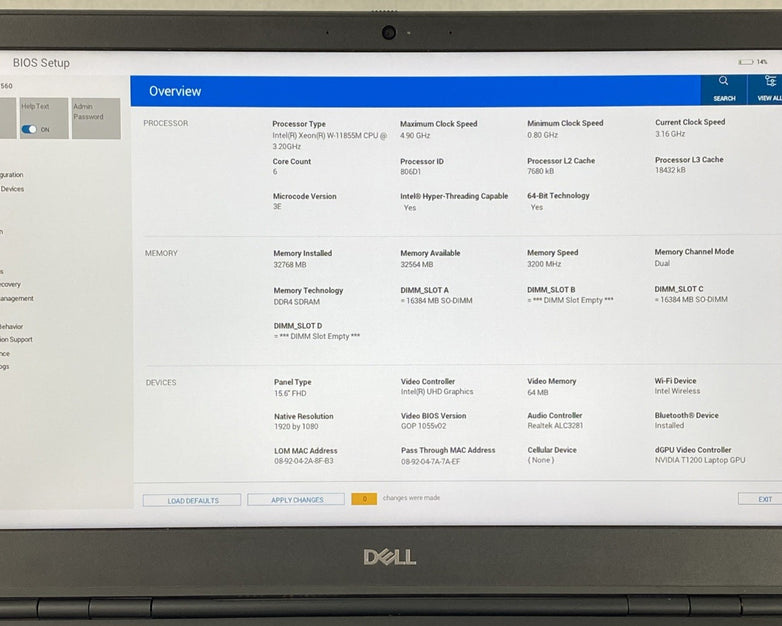 Dell Precision 7560 Intel Xeon W-11855M 3.16GHz 32GB RAM 15.6" No HDD No OS