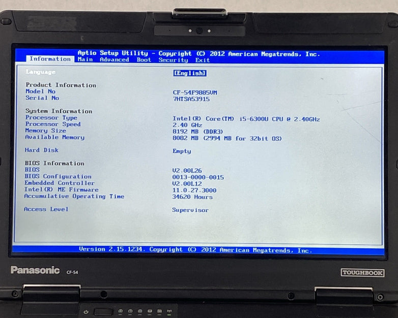 Panasonic Toughbook CF-54 14" Touch i5-6300U 2.4GHz 8GB RAM No Battery No HDD/OS