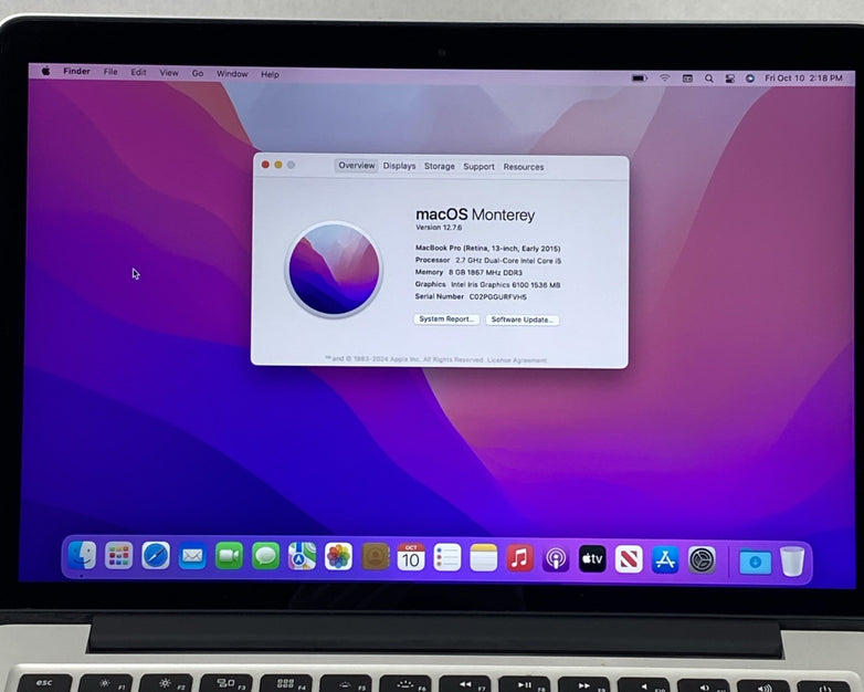 Apple MacBook Pro A1502 2015 Retina 13" 2.7GHz i5 8GB RAM 120GB SSD os12.7.6