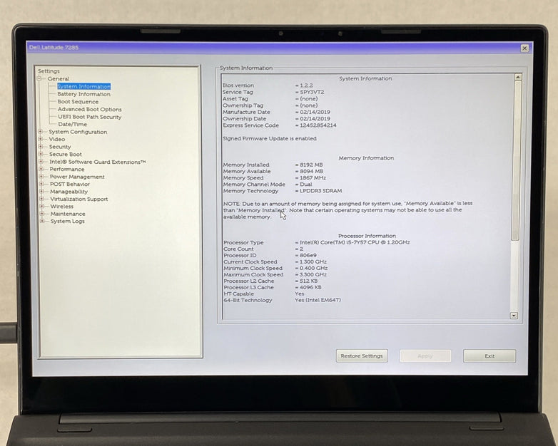 Dell Latitude 7285 12.3" Touch i5-7Y57 1.20 GHz 8 GB RAM No HDD No OS