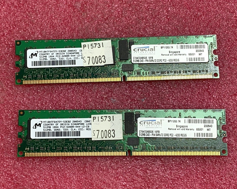 Micron (Lot of 2) 512 1Rx4 PC2-4200R-444-12-C0 Server Ram MT18HTF6472Y-53EB2