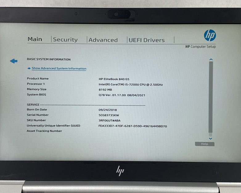 HP EliteBook 840 G5 Core i5-7200U 2.50 GHz 8 GB RAM 15.6" No HDD No OS