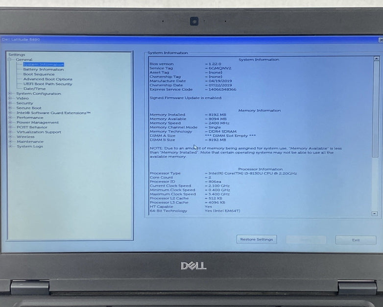 Dell Latitude 5490 Core i3-8130U 2.20 GHz 8 GB RAM 14" No Battery No HDD No OS