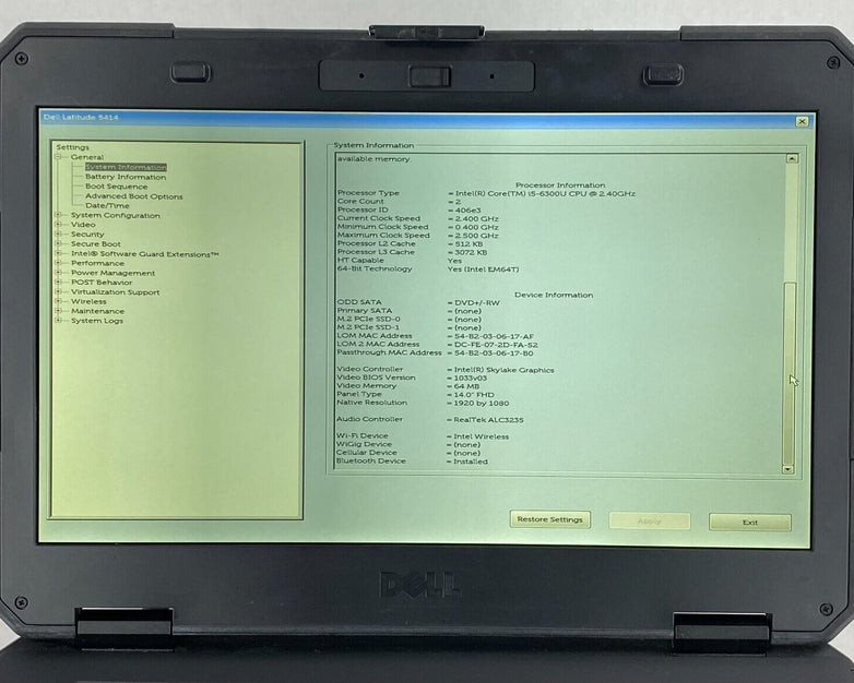 Dell Latitude 14 Rugged 5414 i5-6300U 2.40GHz 8GB RAM 14.0" No Battery No HDD/OS