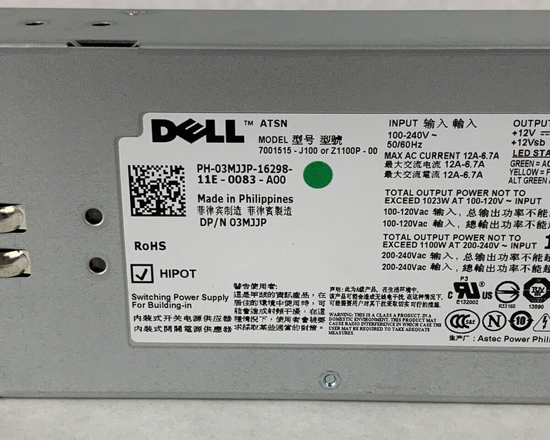 DELL 7001515-J100 Z1100P-00 Switching Power Supply 1100 W 03MJJP Tested
