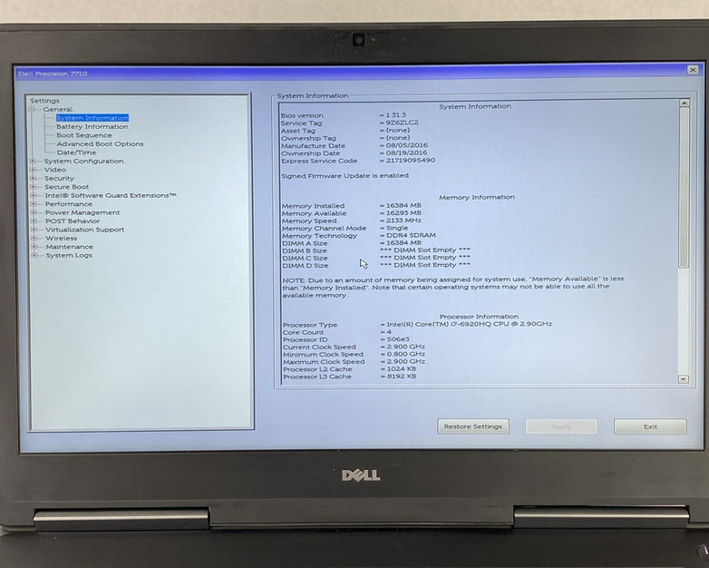 Dell Precision 7710 Intel Core i7-6920HQ 2.9GHz 16GB RAM 17.3" No HDD No OS