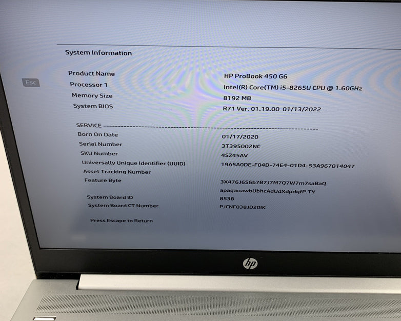 HP EliteBook 450 G6 15.6" Laptop i5-8265U 1.6 GHz 8 GB Ram No OS No HDD No AC
