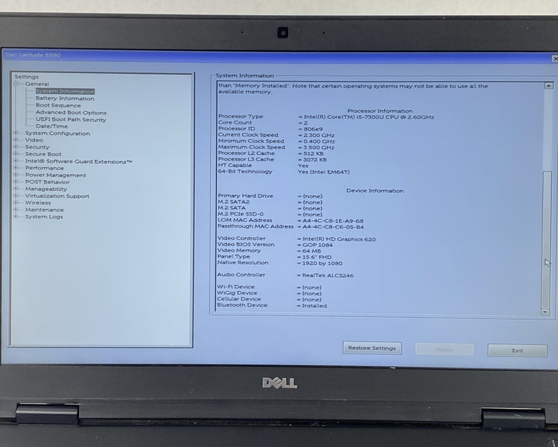 Dell Latitude 5580 Core i5-7300U 2.60 GHz 8 GB RAM 15.6" No Battery No HDD No OS