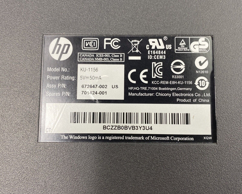 HP 701424-001 USB Desktop Office Quiet Keys KU-1156 Keyboard 672647-00 Black