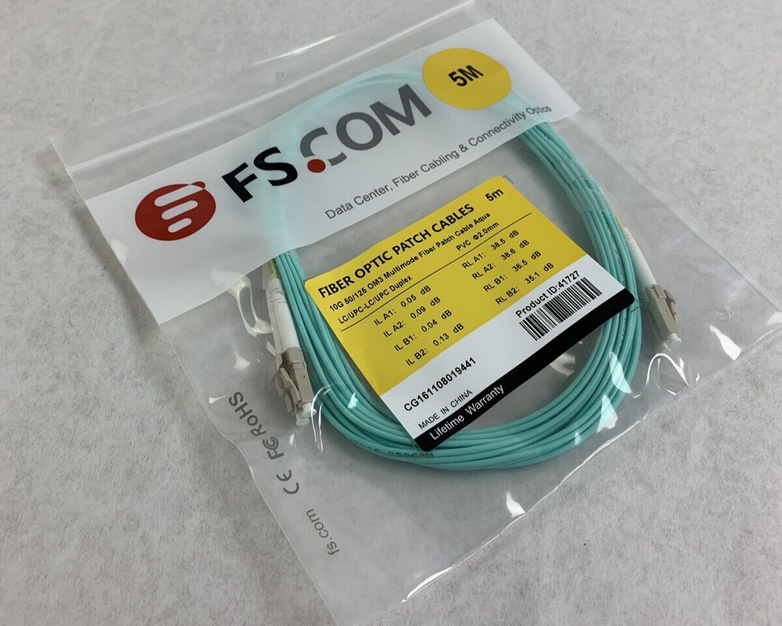 New FS.Com Fibre Optic Patch Cable 50/125 OM3 Multimode Color Aqua Length 5M