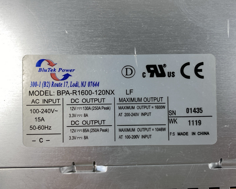 BluTek Power BPA-R1600-120NX 1600W E-Series Power Supply Untested