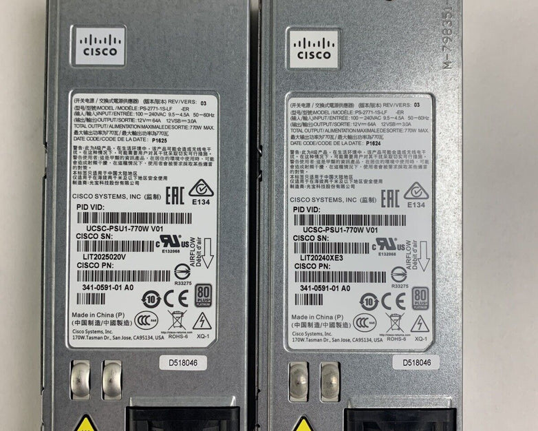LOT OF 2 Cisco UCSC-PSU1-770W V01 770W Power Supply PS-2771-1S-LF Tested