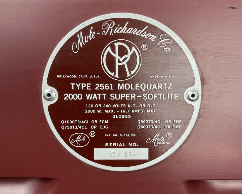 MOLE-RICHARDSON CO. TYPE 2561 MOLEQUARTZ 2000 WATT SUPER-SOFTLITE