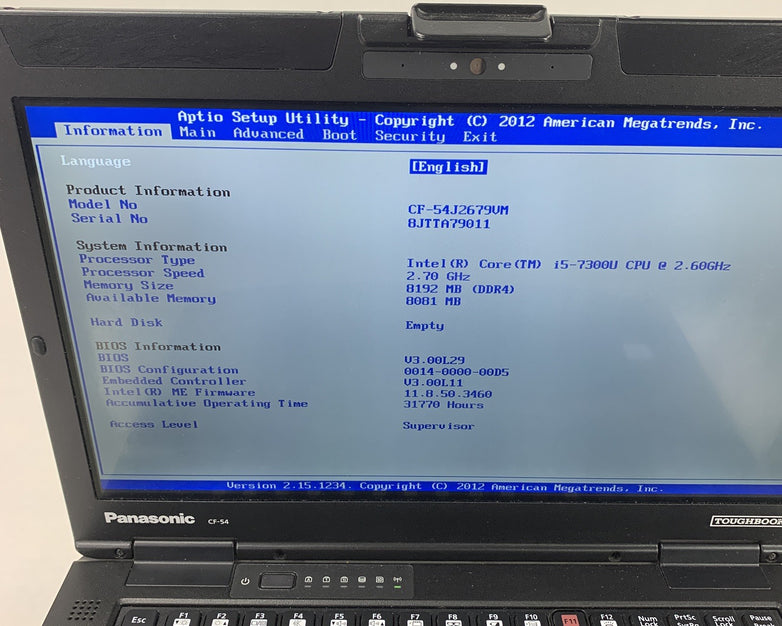 Panasonic Toughbook CF-54 14" Touch i5-7300U 2.6GHz 8GB RAM No Battery No HDD/OS