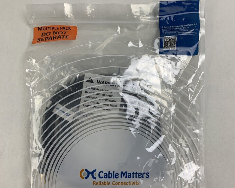 Lot of 2 2-Pack Cable Matters USB 3.0 Type A SuperSpeed 6FT 200008-Black-6x2