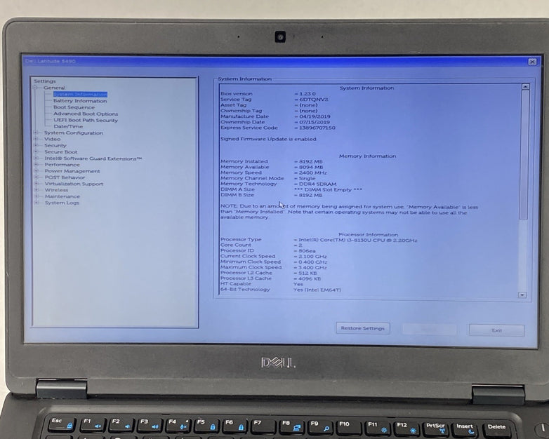 Dell Latitude 5490 Core i3-8130U 2.20 GHz 8 GB RAM 14" No HDD No OS