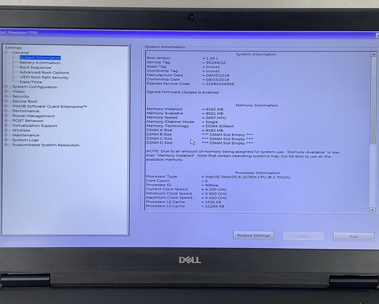 Dell Precision 7730 Intel Xeon E-2176M 2.70 GHz 8 GB RAM 17.3" No HDD No OS