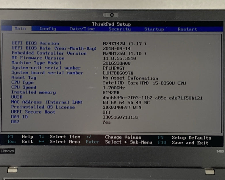 Lenovo ThinkPad T480 Core i5-8350U 1.70 GHz 8 GB RAM 14" No Battery No HDD No OS