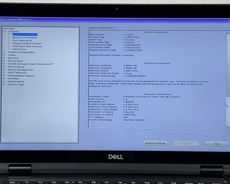 Dell Latitude 7390 2 in 1 13.3" Touch i3-7130U 2.7 GHz 4GB RAM No Battery/HDD/OS
