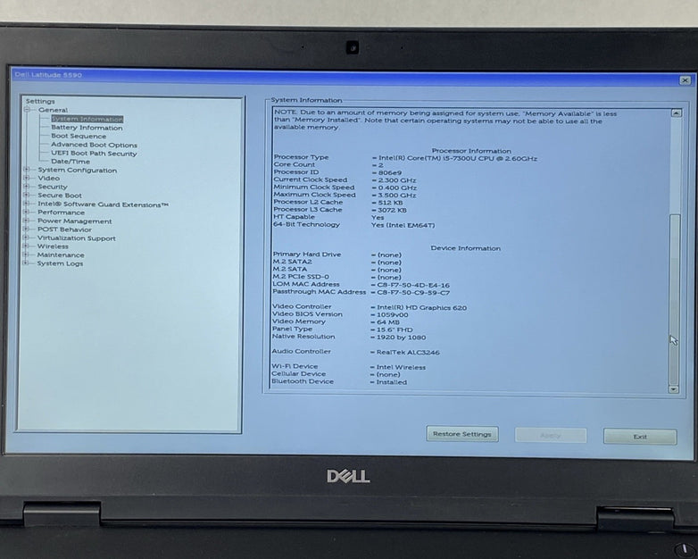 Dell Latitude 5590 Intel Core i5-7300U 2.60 GHz 8 GB RAM 15.6" No HDD No OS