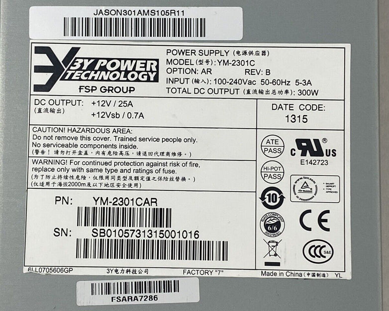 3Y Power Technology YM-2301C 300W Rev B Redundant Power Supply