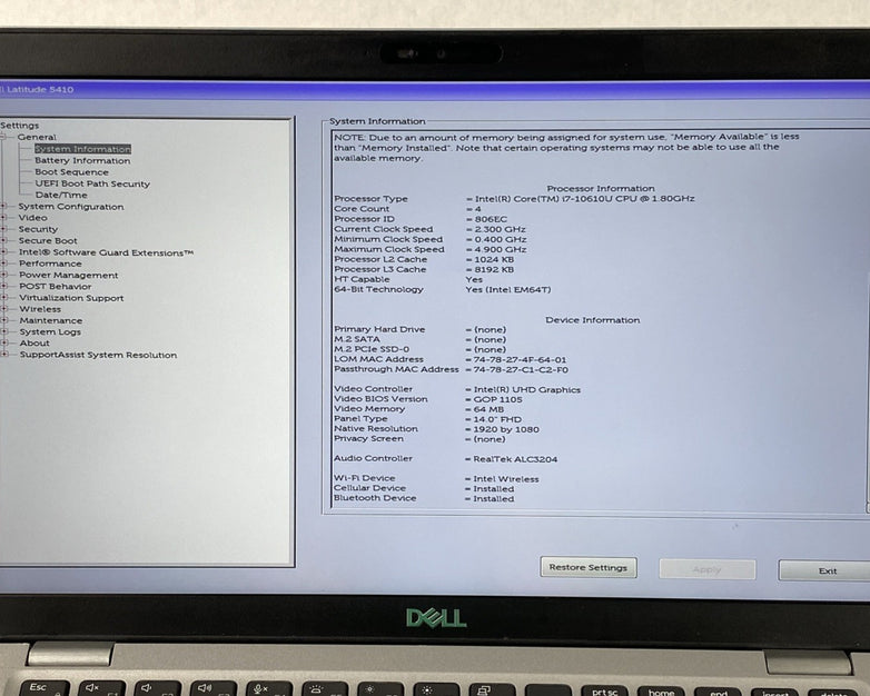 Dell Latitude 5410 Core i7-10610U 1.8GHz 16GB RAM 14.0" No Battery No SSD No OS