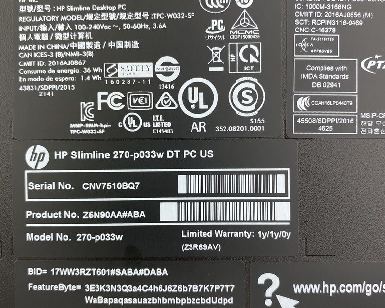 HP Slimline PC 270-p033w DT Intel Celeron G3930 2.90GHz 4GB RAM WiFi No HDD OS