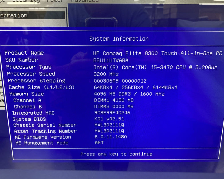 HP Compaq Elite 8300 AIO 23" Touch i5-3470 3.20GHz 4GB RAM DVDRW Stand No HDD OS