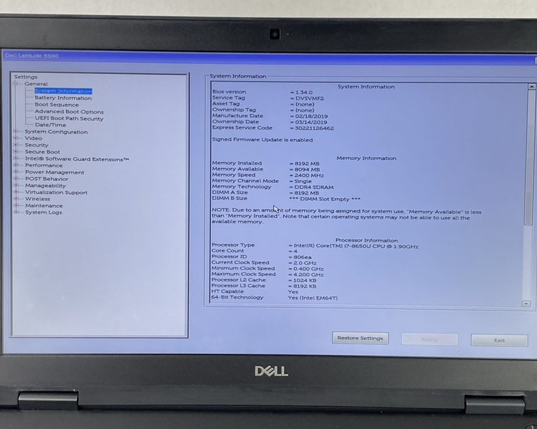 Dell Latitude 5590 Core i7-8650U 1.90 GHz 8GB RAM 15.6" No HDD No OS