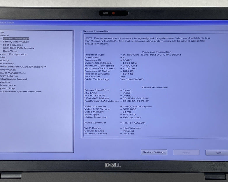 Dell Latitude 5500 Intel Core i5-8365U 1.60GHz 8GB RAM 15.6" No HDD No OS