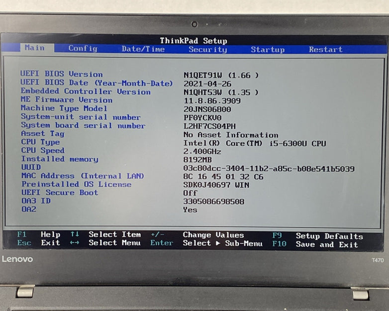 Lenovo ThinkPad T470 Core i5-6300U 2.4GHz 8GB RAM 14.0" No HDD No OS
