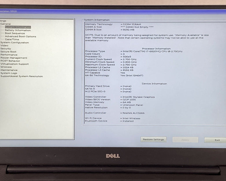 Dell Precision 5510 Core i7-6820HQ 2.7 GHz 8GB RAM 15.6" No Battery No HDD No OS