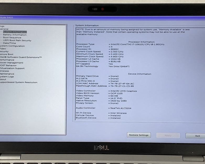 Dell Latitude 5410 Intel Core i7-10610U 1.80 GHz 16 GB RAM 14" No HDD No OS