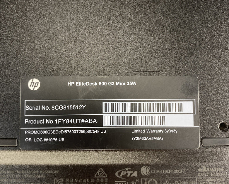 HP EliteDesk 800 G3 Mini Quad Core i5-7500T 2.70GHz 1X8GB RAM WiFi No AC HDD OS