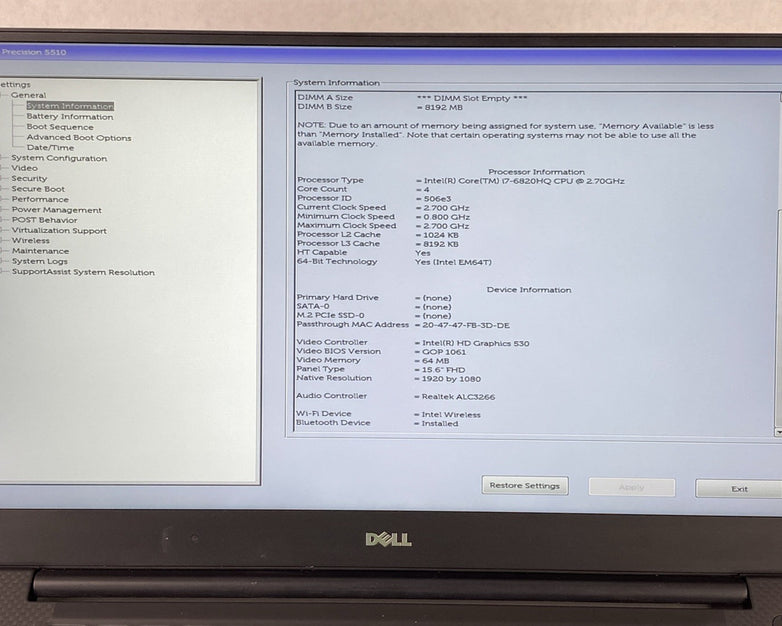 Dell Precision 5510 Core i7-6820HQ 2.70 GHz 8 GB RAM 15.6" No Battery No HDD/OS