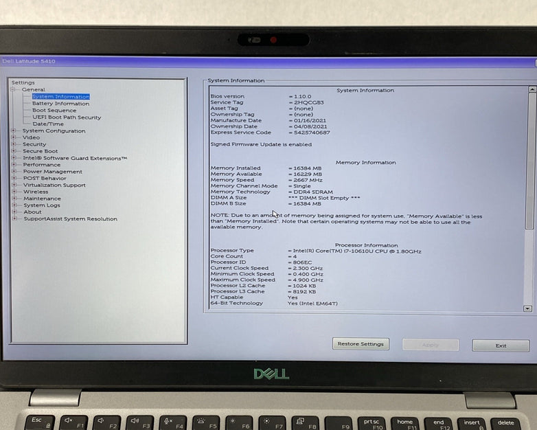Dell Latitude 5410 Intel Core i7-10610U 1.80 GHz 16 GB RAM 14" No SSD No OS