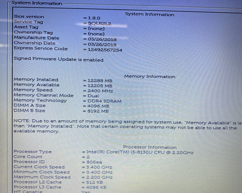 Dell Inspiron 5570 15.6" Intel Core i3-8130U 2.20GHz 12GB RAM No AC No HDD No OS