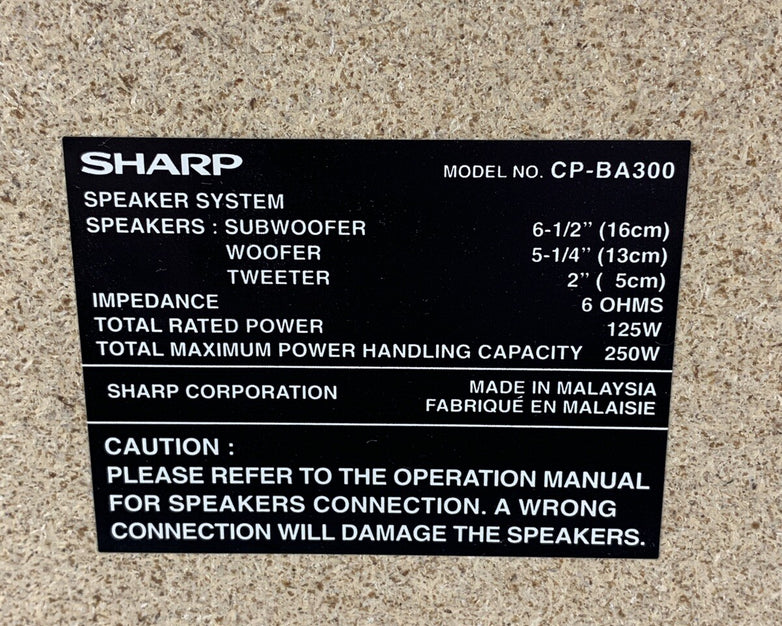 Sharp CP-BA300 Speaker with Integrated Subwoofer Tweeter 250w 6 Ohm Tested