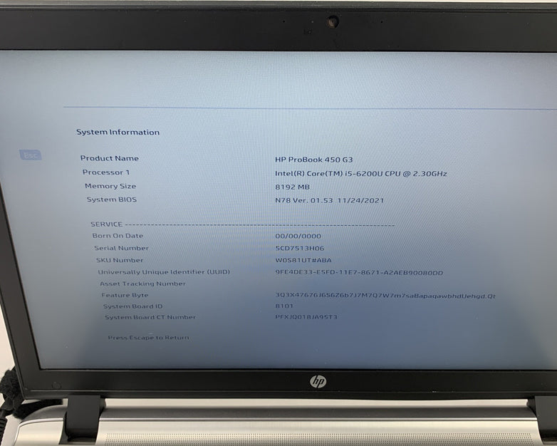 HP Probook 450 G3 Laptop 15.6" i5-6200U 2.3 GHz 8 GB Ram No OS No HDD No AC