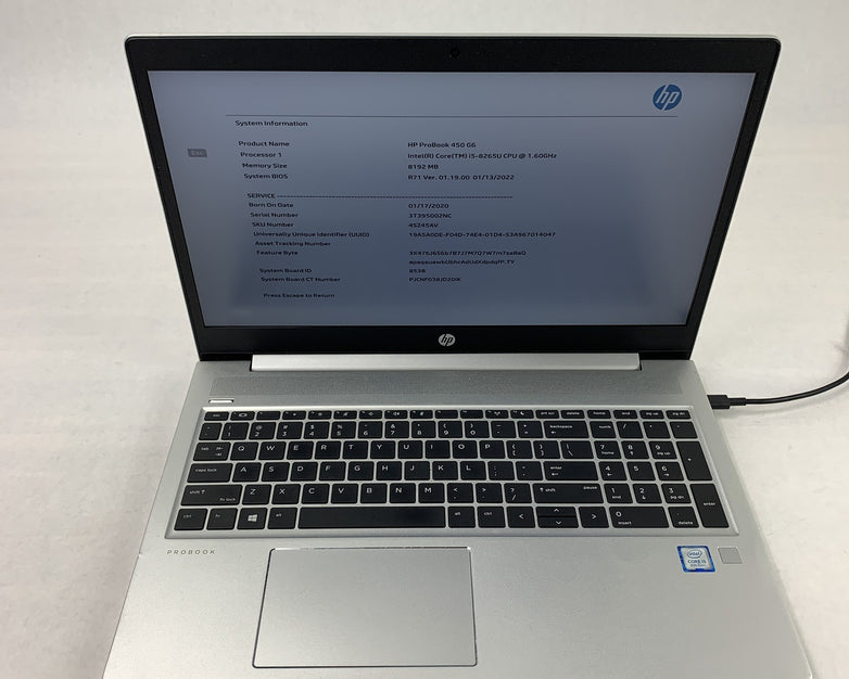 HP EliteBook 450 G6 15.6" Laptop i5-8265U 1.6 GHz 8 GB Ram No OS No HDD No AC